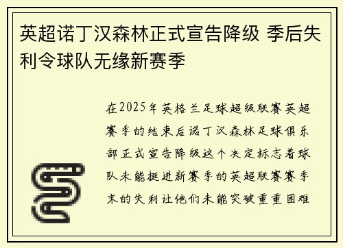 英超诺丁汉森林正式宣告降级 季后失利令球队无缘新赛季